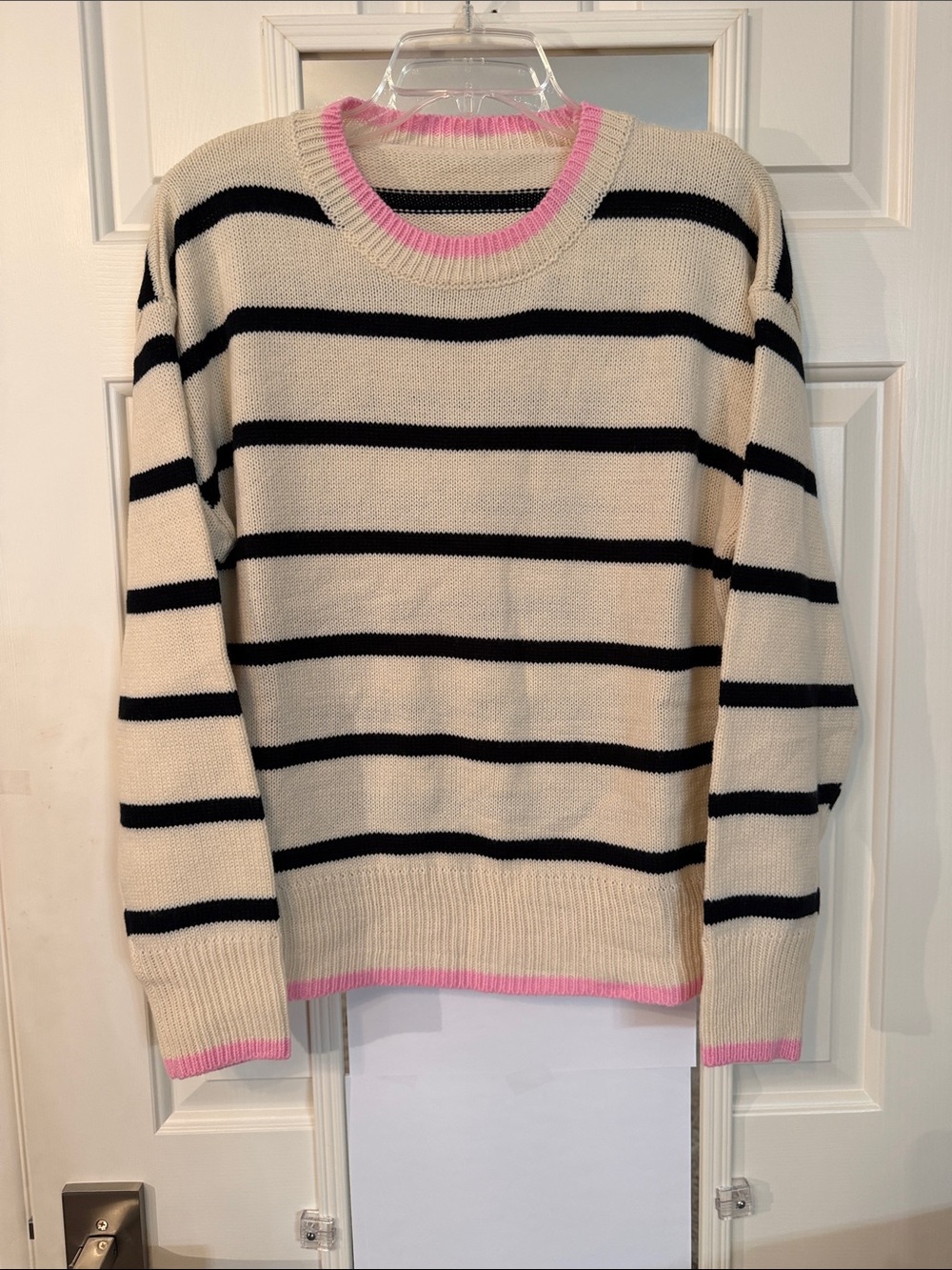 Source Unknown Cream and Black Striped Crewneck Sweater with Pink Trim